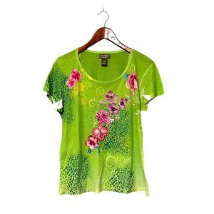 Jane Ashley Green Floral Leopard Print Short Sleeve Top XL Tropical Vacation